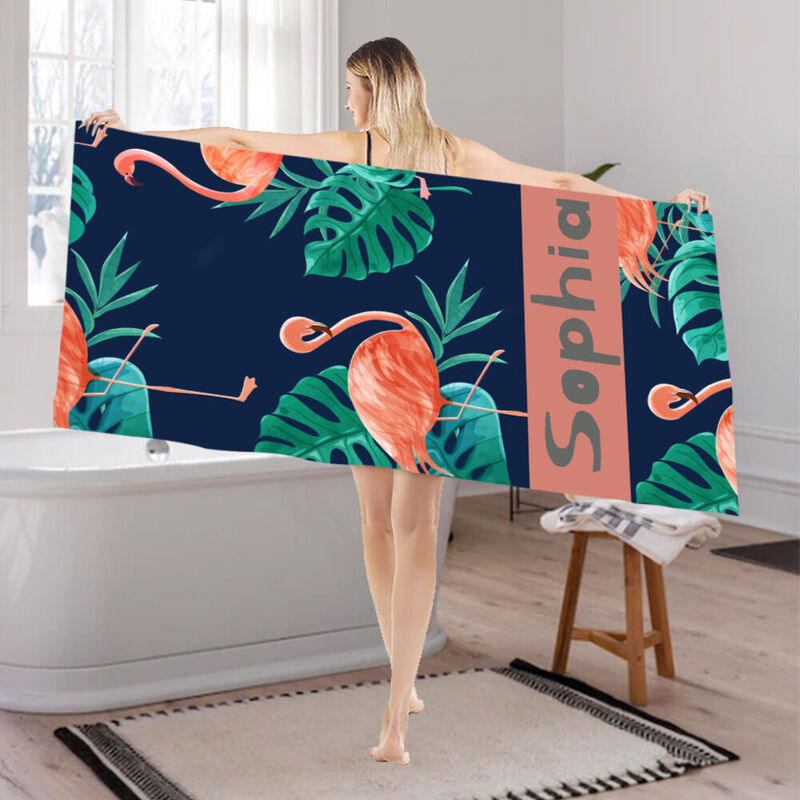 Personalized Name Bath Towel with Flamingo Pattern for Her