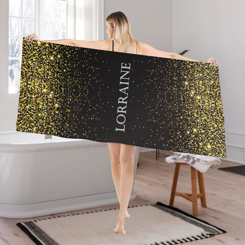 Personalized Name Beach Bath Towel with Black Gold Quicksand Pattern Elegant Gift for her