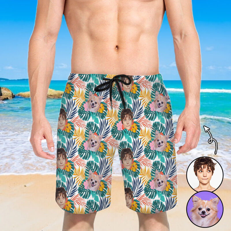 Personalized Picture Men's Beach Shorts with Palm Leaves Pattern Funny Gift for Boyfriend