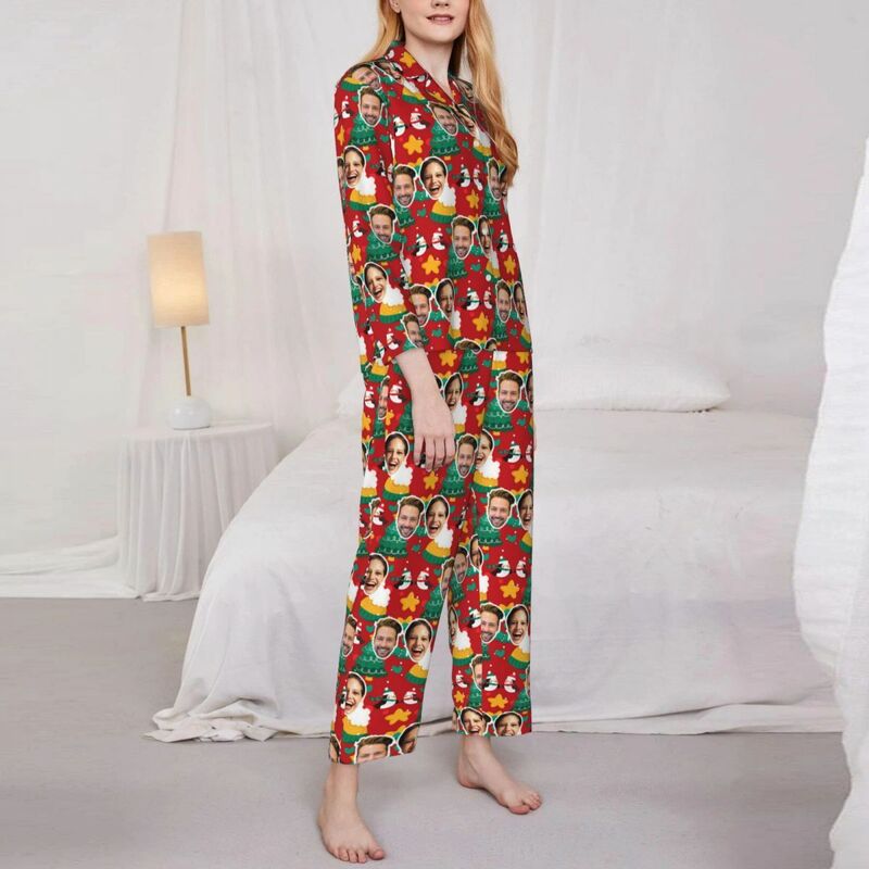 Personalized Pajamas Custom Photo Cute Couple Penguins Christmas Tree Pattern Design Gift for Lovers