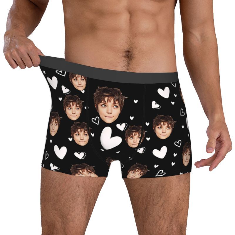 Personalized Photo Men's Underwear Boxer Briefs with Heart Pattern Exquisite Gift for Husband