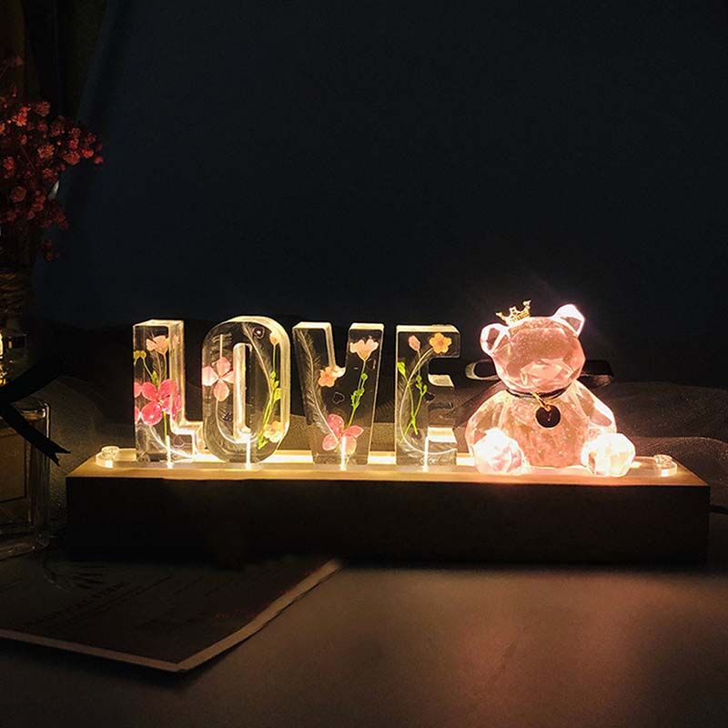 Custom Dried Flower Resin Name Letter Light Strip Pink Bear