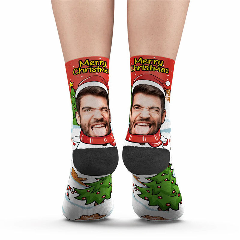 Chaussettes personnalisées avec photo de visage imprimée avec bonhomme de neige Cadeau de Noël amusant pour petit ami