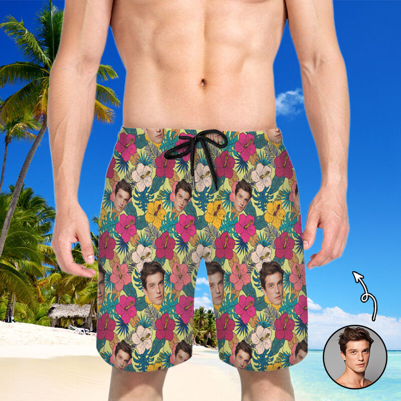 Personalized Picture Men's Beach Shorts with Yellow Flower Pattern Creative Present for Family