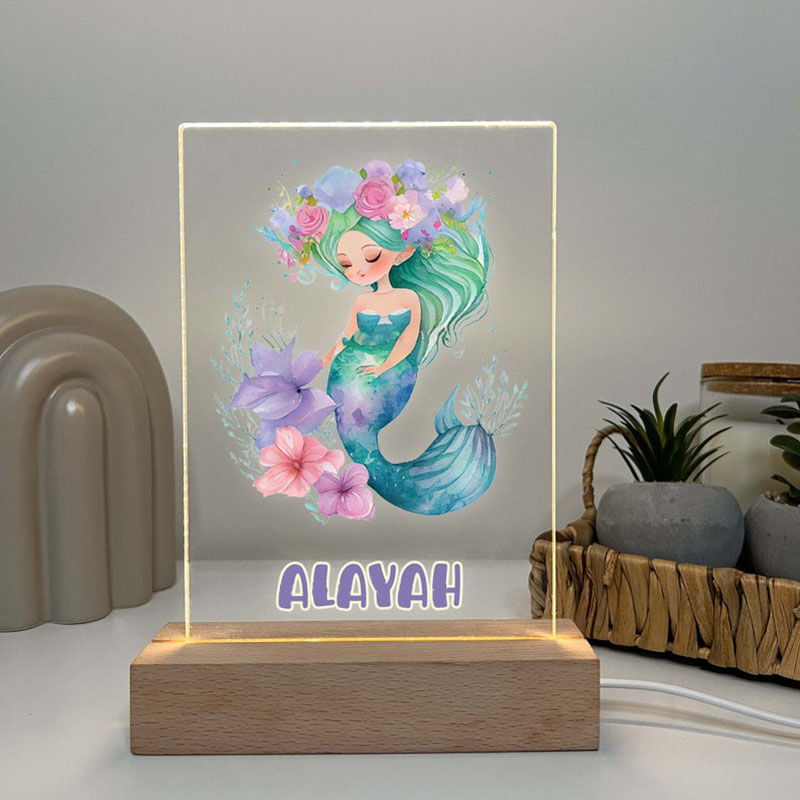 Akryllampa med personligt namn och sjöjungfrumönster Perfekt present till barn