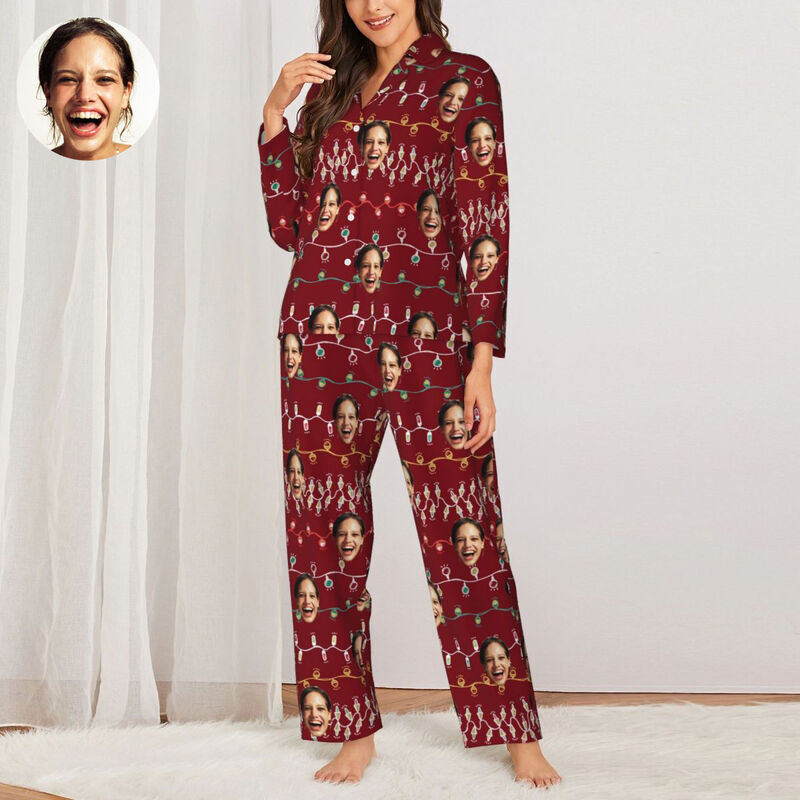 Personalisierte Pyjamas mit individuellem Foto Weihnachtslichter Streifen Weinrot-Stil Muster Design Geschenk für sie