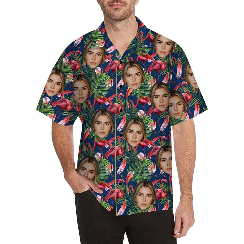 Chemise hawaïenne à impression intégrale pour hommes, visage personnalisé, flamant rose et feuilles vertes