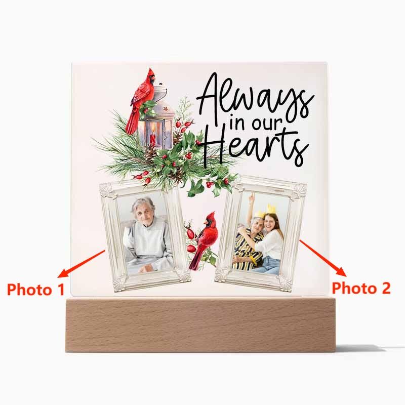 Personalized Acrylic Photo Plaque Always In Our Hearts Cardinal Design Memorial Gift for Parents
