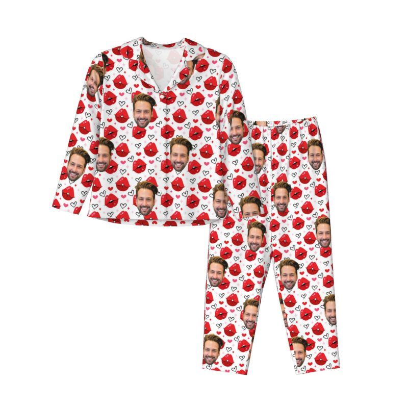 Personalized Pajamas Custom Couple Photo Hot Kiss Heart Pattern Design Perfect Gift for Lovers