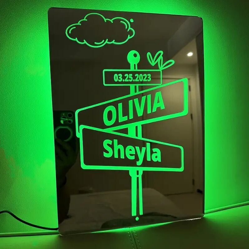 Personalized Mirror Lamp Customized with Couple's Name and Date Sweet Gift