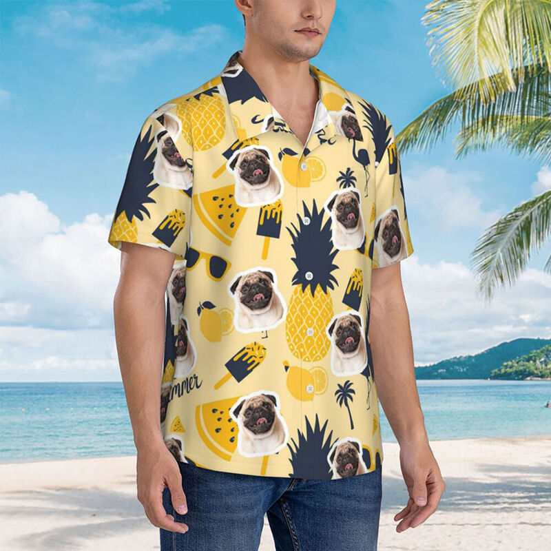 Personalisiertes Hawaiihemd mit gelbem Ananas-Muster Kurzarmhemd Geschenk für Haustierbesitzer