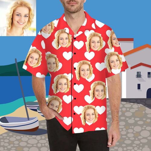 Individuelles Gesicht Weißes Herz Herren Bedrucken Hawaii Hemd/Shirt