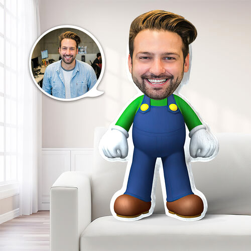 Almohada personalizada con foto de la cara en 3D del hombre de los pantalones de tirantes