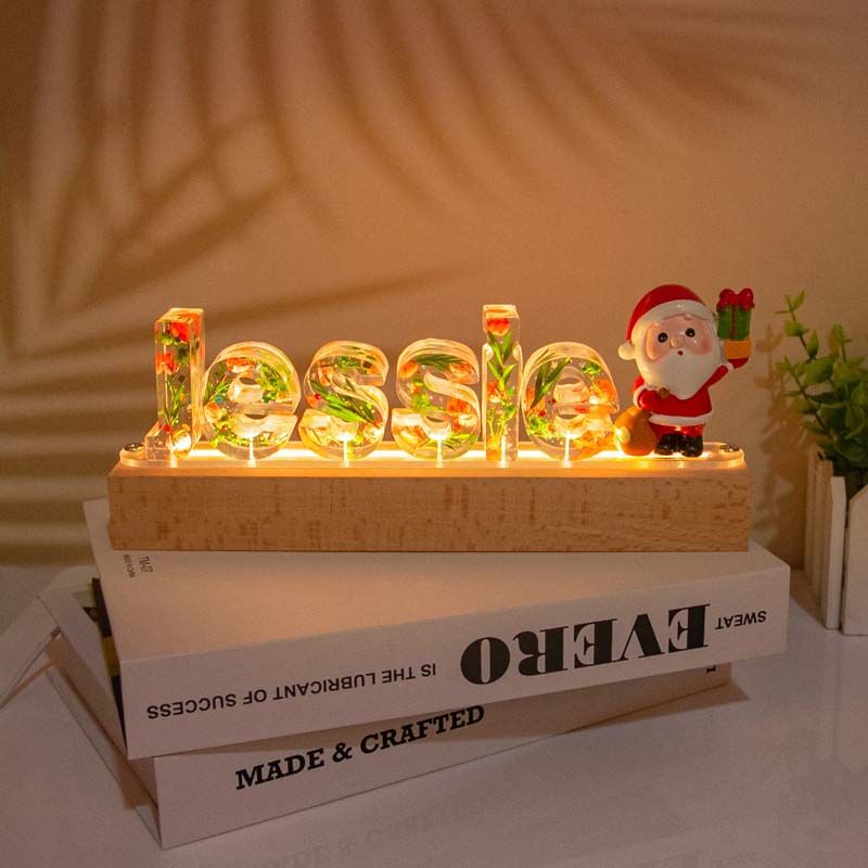 Lampe à lettres personnalisée en résine à fleurs séchées avec Père Noël