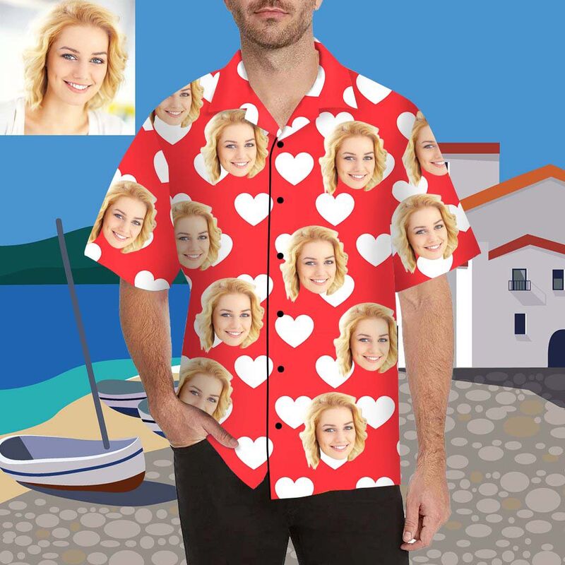 Chemise hawaïenne à impression intégrale pour hommes, avec visage blanc et cœur personnalisé