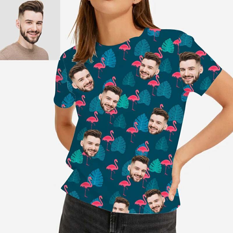Personalized Face Hawaiian T-Shirt Printed With Red Flamingo