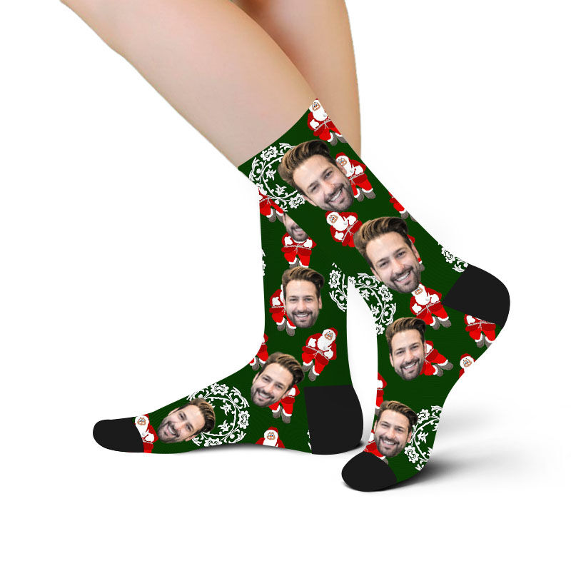 Custom Face Picture Socks Printed with Santa and Wreath Christmas Gift for Boyfriend