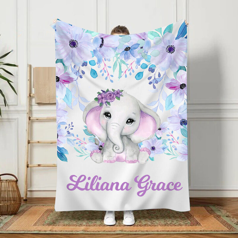 Personalized Name Blanket with Cute Elephant Pattern Lovely Gift