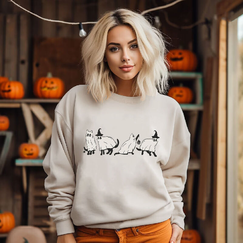 Cute Style Sweatshirt with Cat Pattern Dressed Up As Ghost Best Gift for Pet Lover