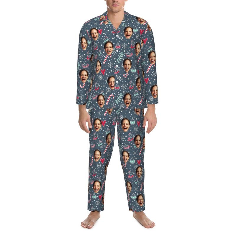 Personalized Pajamas Custom Photo Christmas Candy Bird Pattern Design Creative Gift for Family