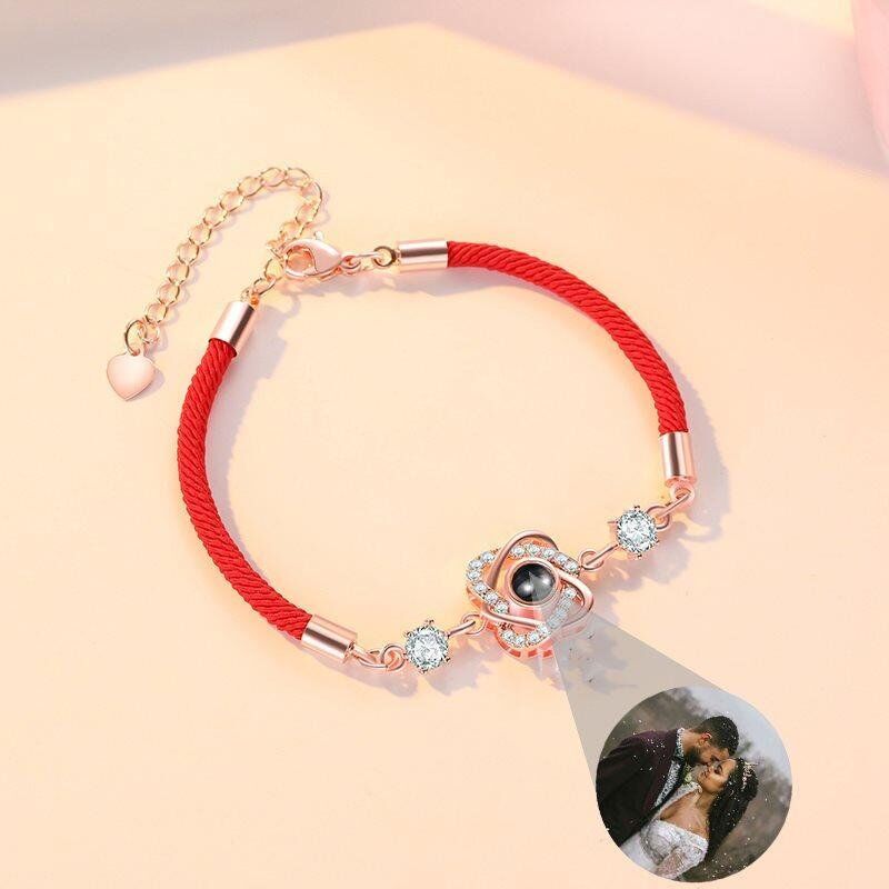 Personalized Photo Projection Bracelet Double Heart With Black Cord