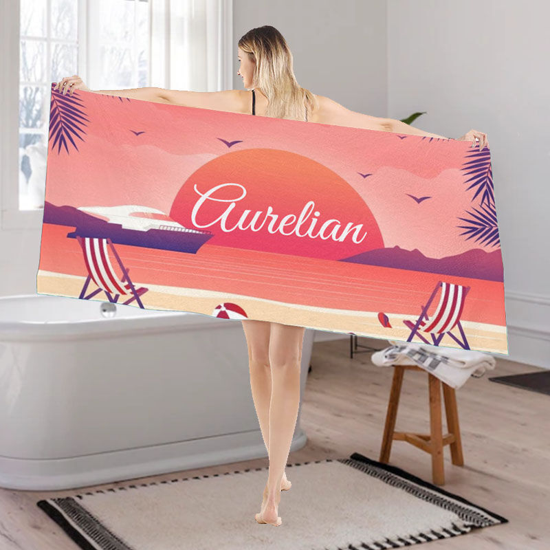 Personalized Name Bath Towel with Sunset by The Sea Pattern for Her