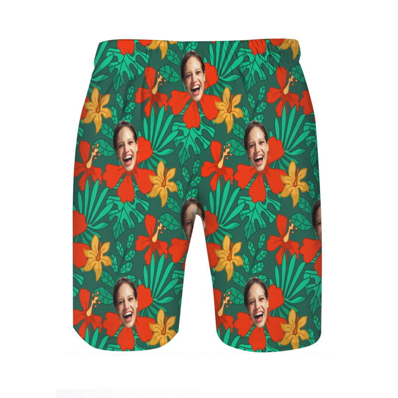 Personalized Picture Men's Beach Shorts with Red Flowers Pattern Simple Present for Family