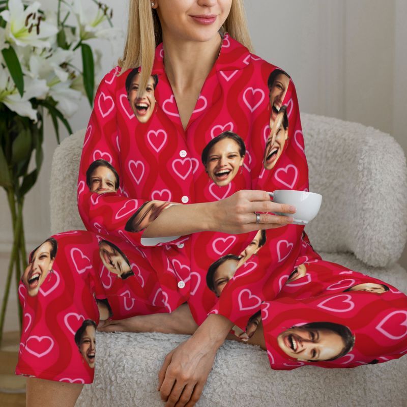 Personalized Pajamas Custom Photo Red Shining Love Heart Pattern Design Attractive Gift for Her