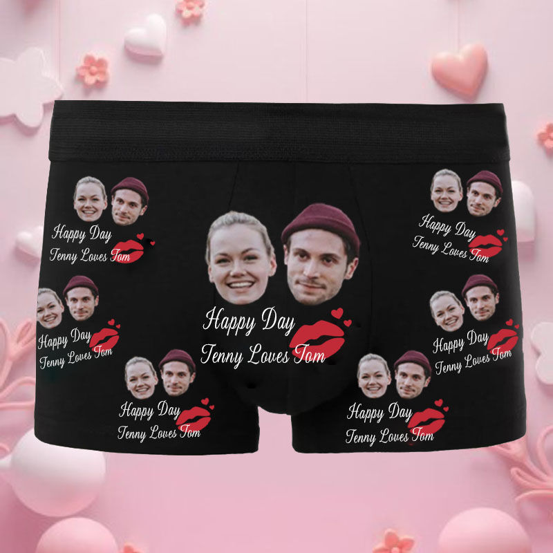 Personalized Photo and Name Men's Underwear Boxer Briefs with Mouth And Heart Pattern for Husband