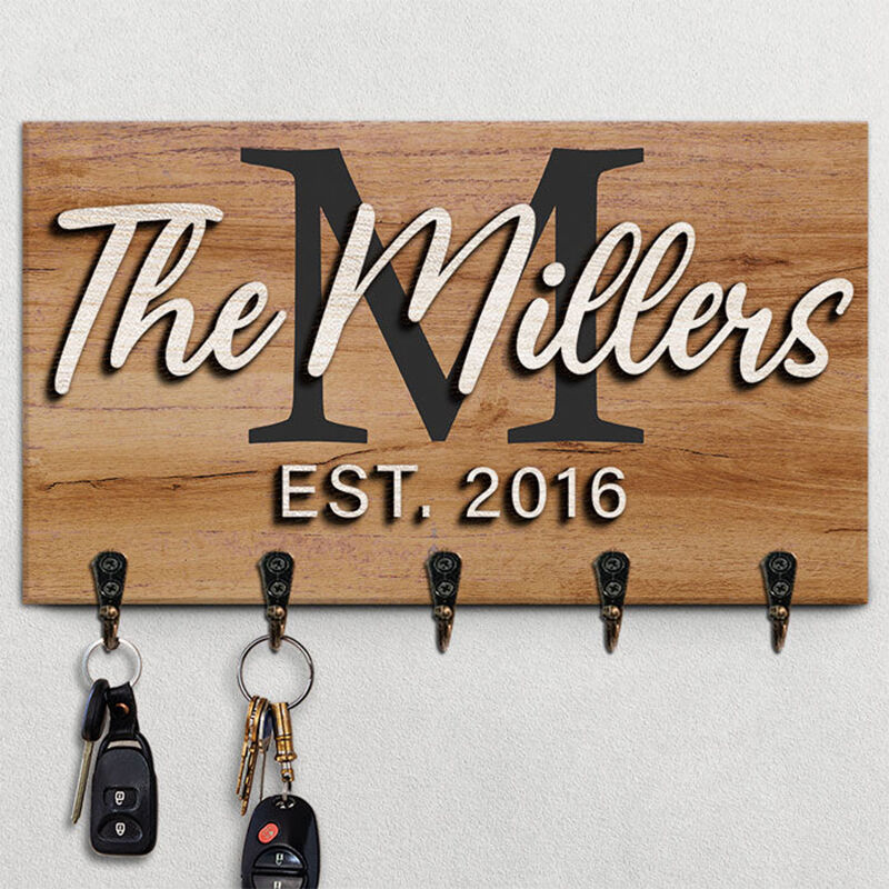Personalized Key Hanger Custom Initial and Last Name Artistic Design Home Decor Gift for Family