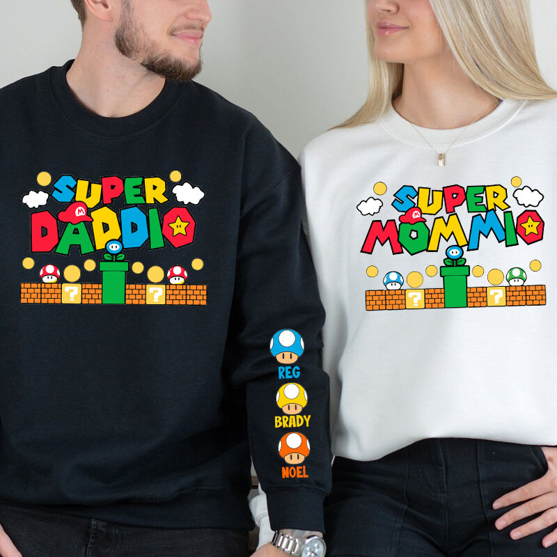 Personalized Sweatshirt Super Daddy and Mommy Cute Mario Style Design Creative Gift for Dear Mom and Dad