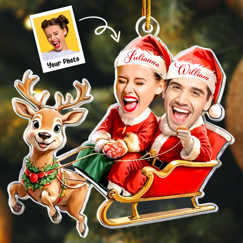 Personalized Elk Pulling Sleigh Christmas Ornaments Customized Couple Photos
