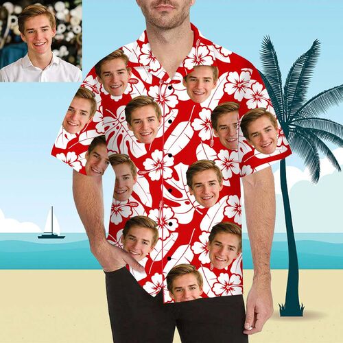 Magliette Personalizzate con Volto Stile Hawaiano Bianchi Fiori e Foglie per Uomo