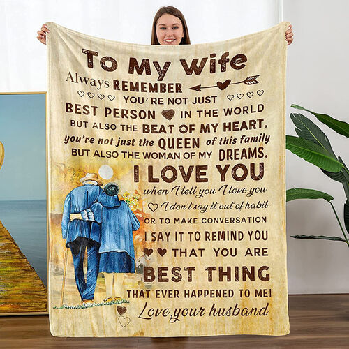 Personalized Flannel Letter Blanket from Husband to Wife Old Man Embracing Pattern