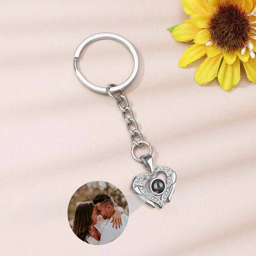 Sterling Silver Personalized Petal Heart Photo Projection Keychain with Diamonds for Couple