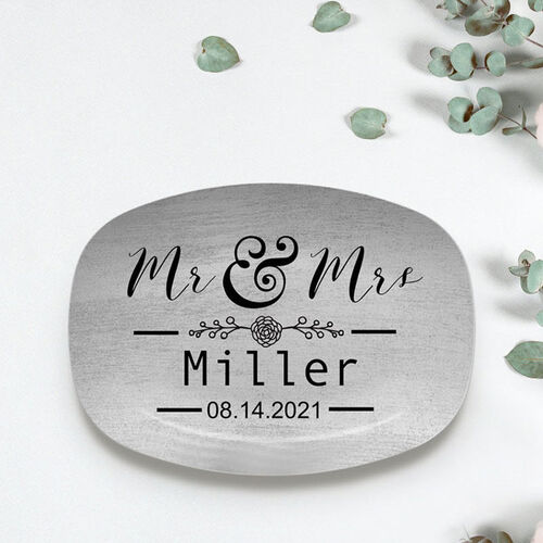 Custom Name and Date Plate with Flower Pattern Simple Wedding Gift
