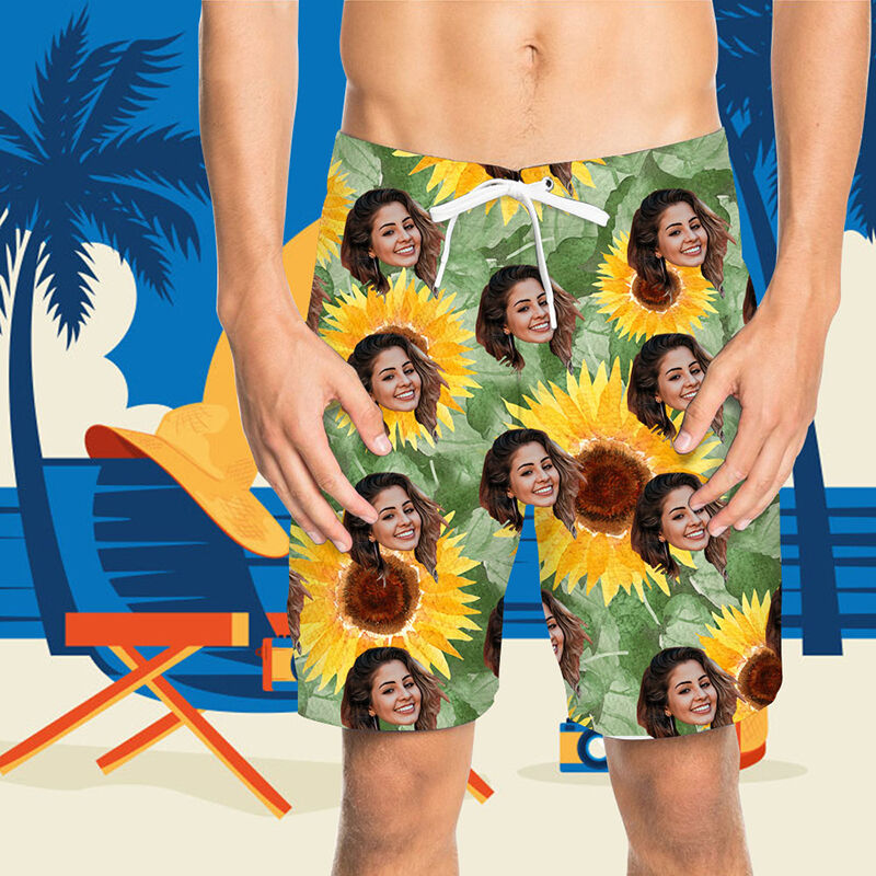 Custom Face Sun Flower Men's Beach Shorts