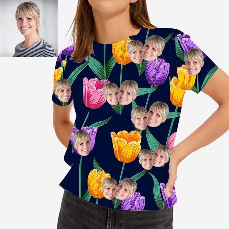 Custom Face Hawaiian T-Shirt With Colorful Tulips