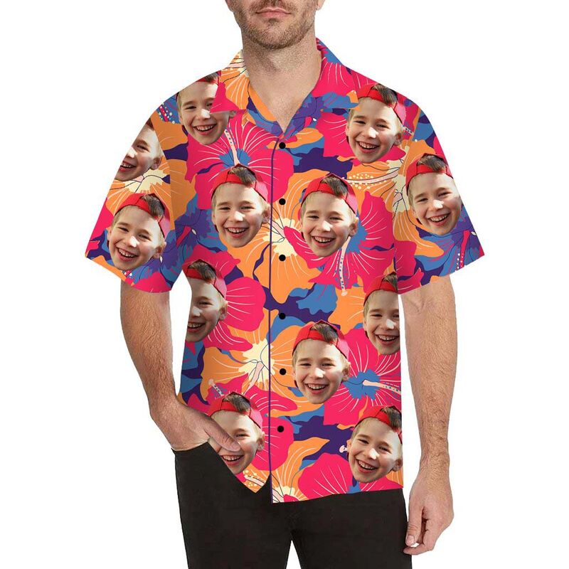 Chemise hawaïenne à impression intégrale pour hommes avec visage personnalisé, fleurs jaunes et rouges