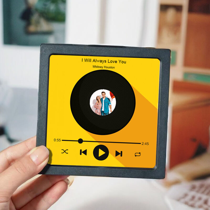 Personlig musikk kjøleskapsmagnet med tilpasset bilde og gul bakgrunn Vakker gave til din kjærlighet