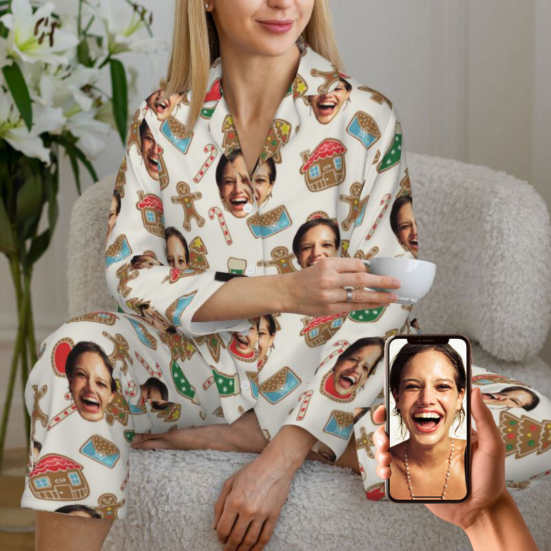 Personalized Pajamas Custom Photo Lovely Gingerbread Man Cottage Pattern Design Christmas Gift for Her