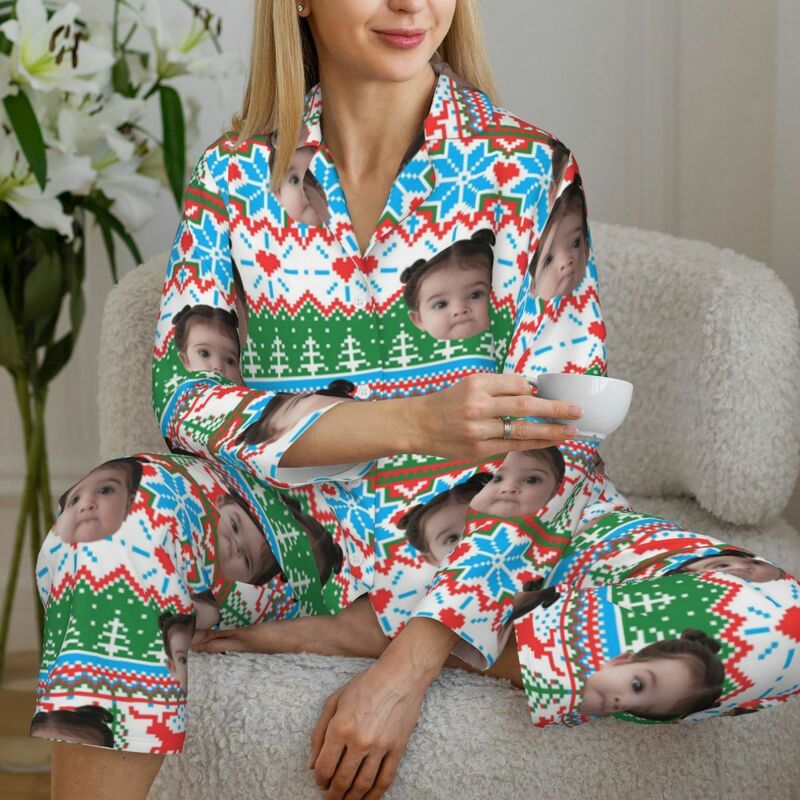 Personalisierte Pyjamas mit individuellem Foto Weihnachtselemente Helle Pixel-Stil Muster Design Geschenk für die Familie