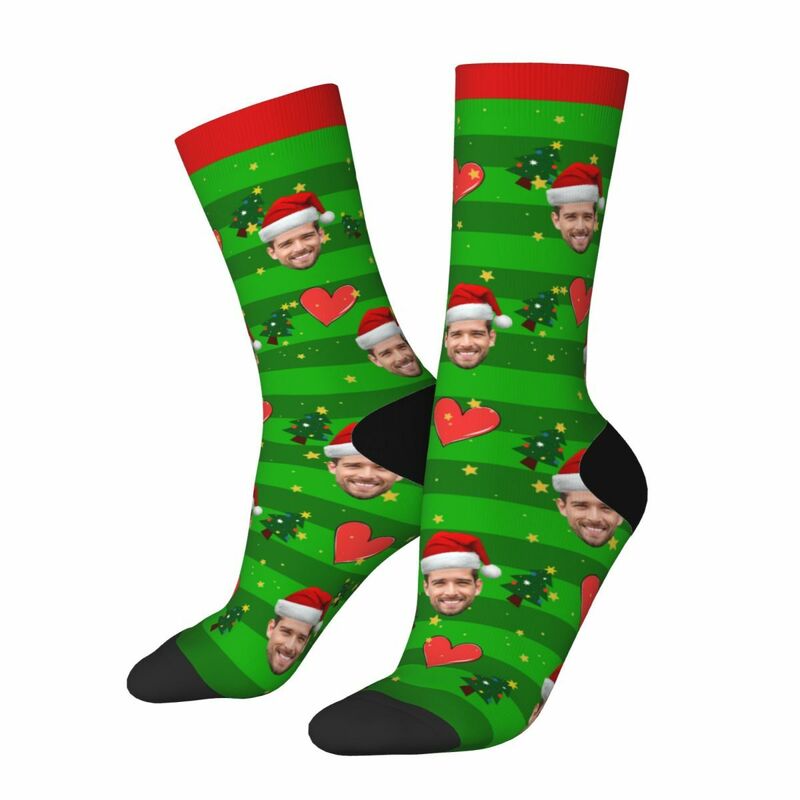 Custom Face Socks with Love Heart and Santa Hat Cute Socks Christmas Gifts for Couples