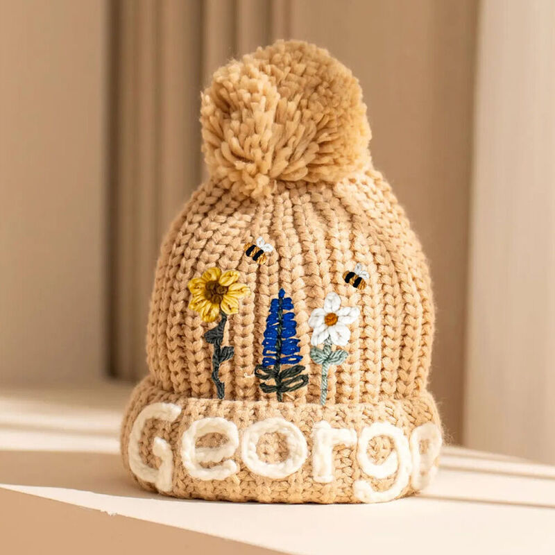 Personalized Knit Pom Pom Beanie Embroidered Name and Flower Christmas Gift for Kids