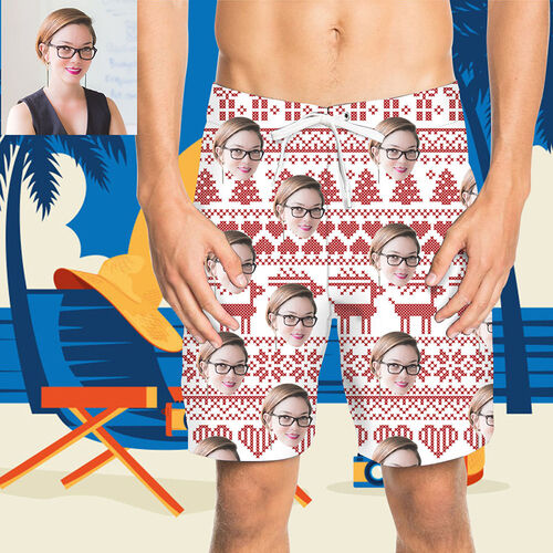 Pantaloni da Spiaggia Uomo Corti Personalizzati con Faccia Rosso e Bianco