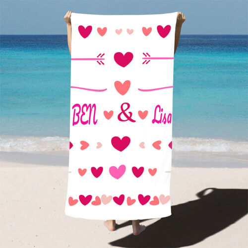 Custom Name Beach Bath Towel with Romantic Love Heart Pattern for Valentine's Day