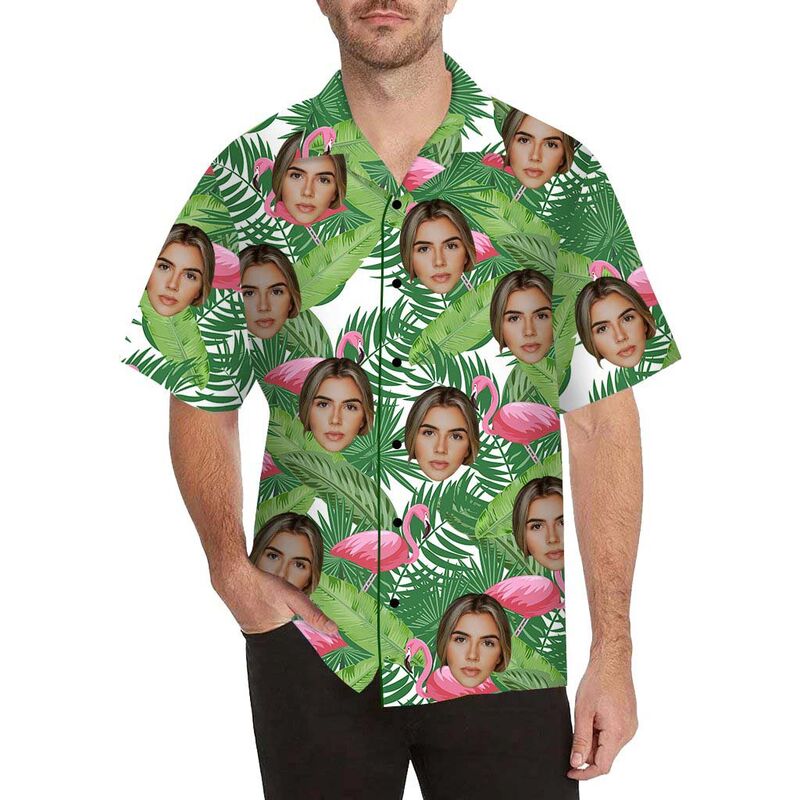 Chemise hawaïenne imprimée en quadrichromie pour hommes, visage personnalisé, flamant rose dans les feuilles