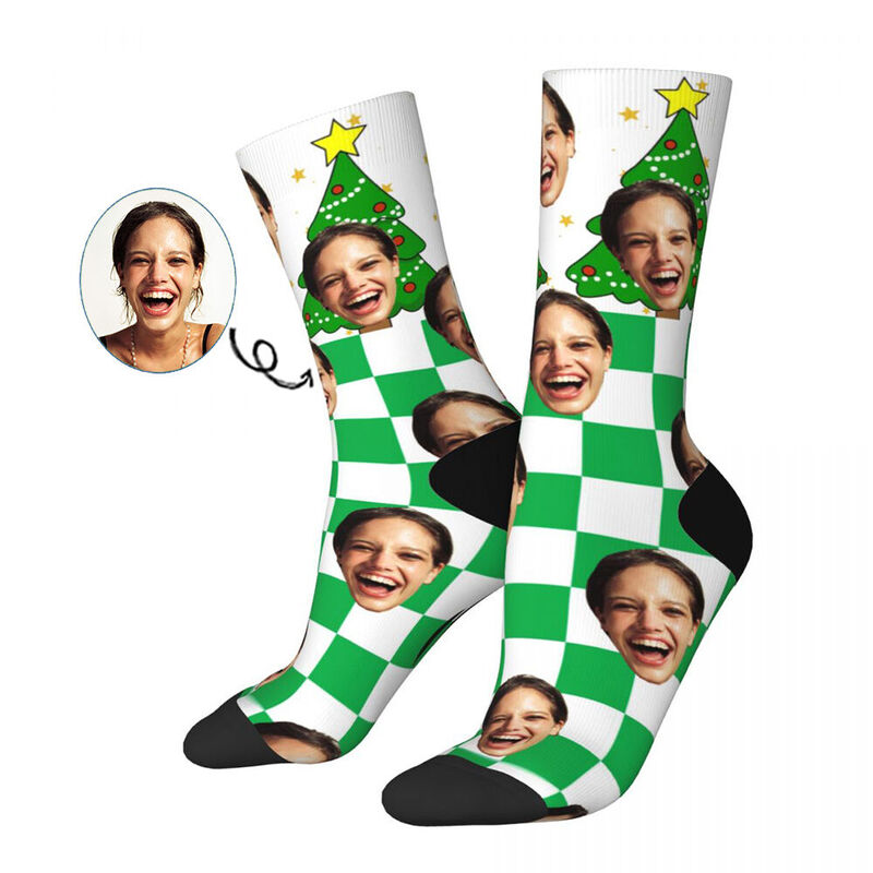 Customized Face Socks Green Plaid Christmas Tree Pattern Socks Gifts for Friends