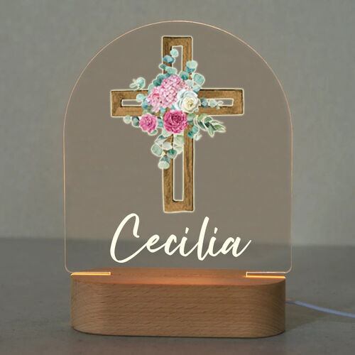Personalized Wooden Acrylic Custom Name Lamp with Cross and Flower Pattern for Family