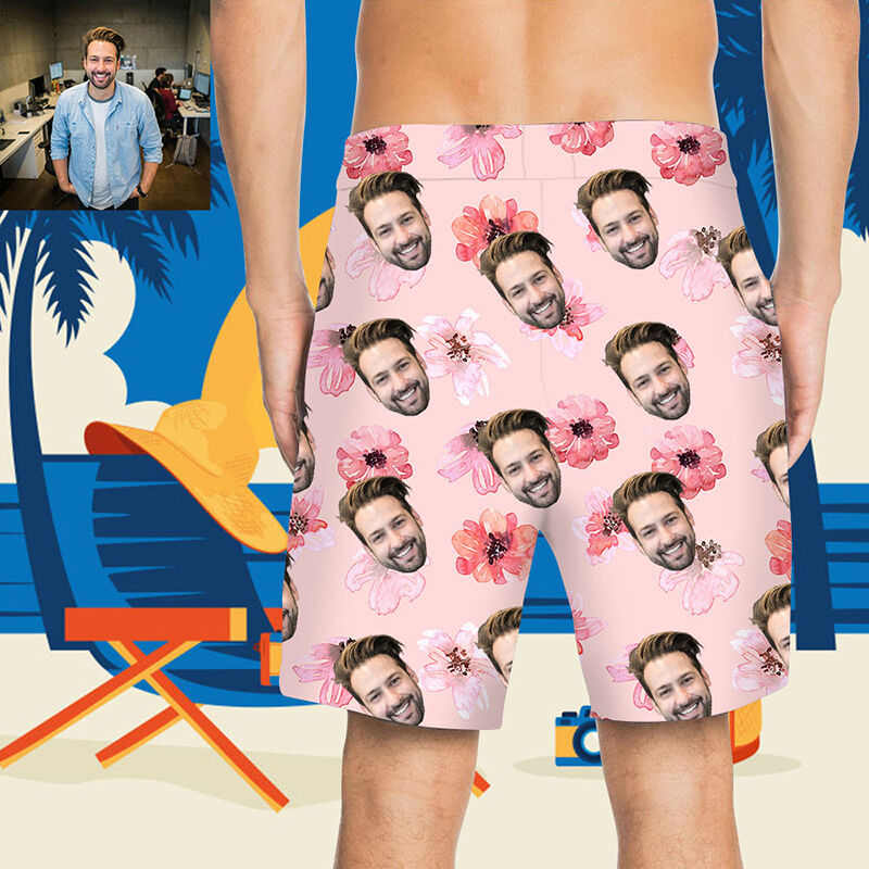 Custom Face Pink Petal Men's Beach Shorts